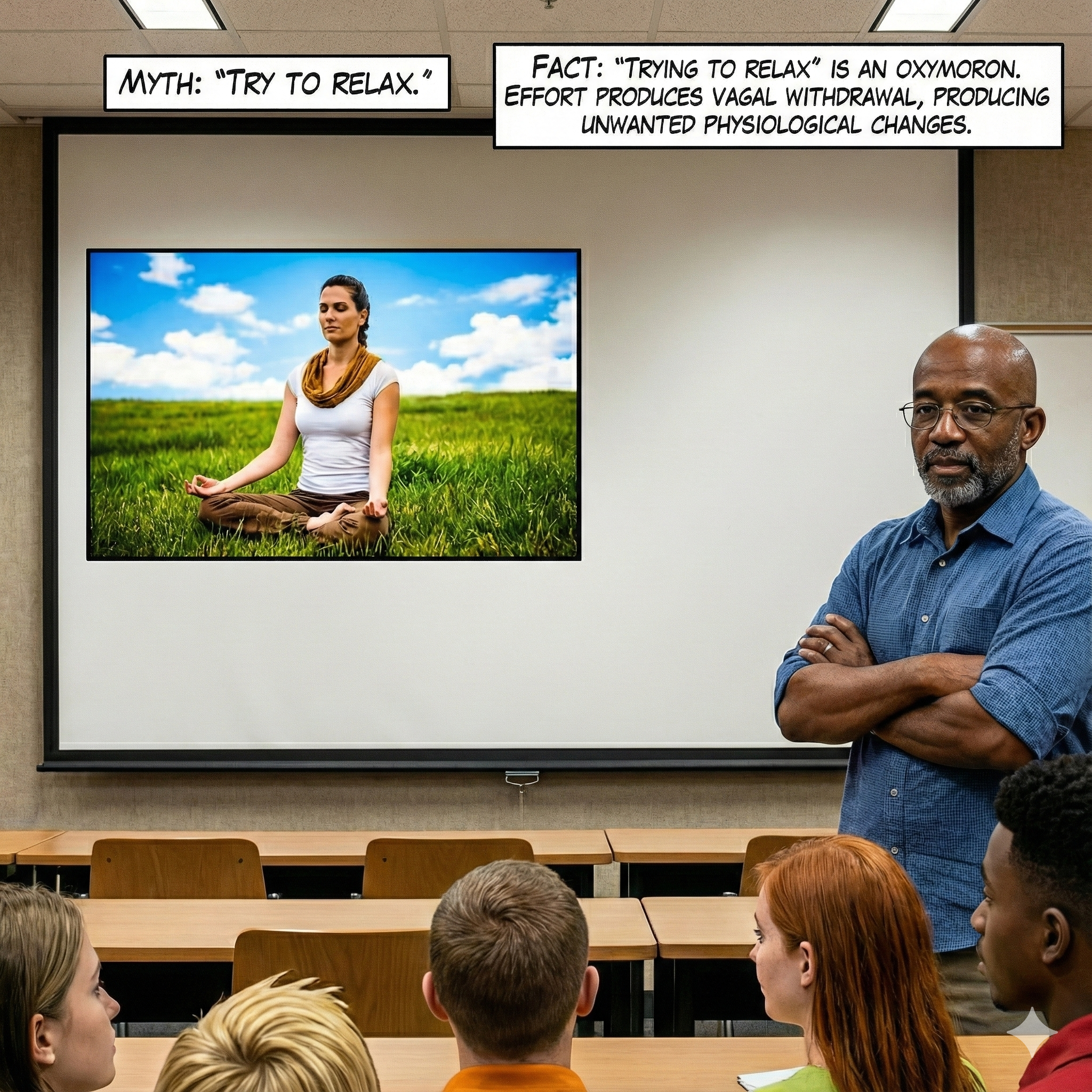 Real Genius comic strip illustrating effortful relaxation
